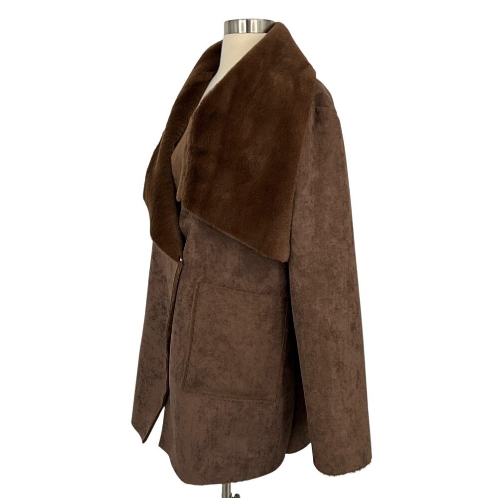 Lauren Ralph Lauren Coat Womens Large Brown Faux Shearling Fleece Drape Collar - Picture 3 of 14